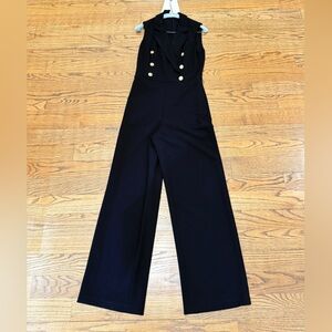 DKNY Black Tailored Jumpsuit Size 4 Gold Logo Buttons Wide Leg Career Evening